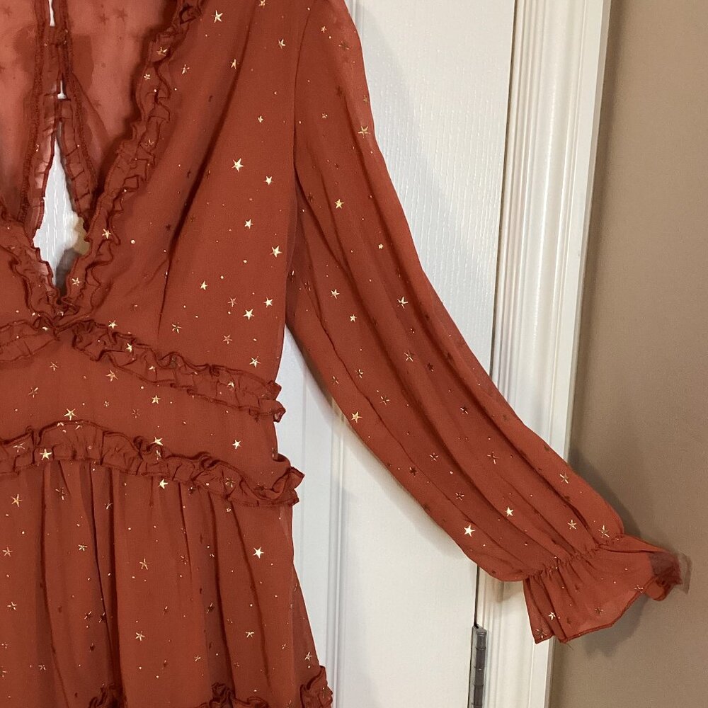 Women's Rusty Glitter Stars Backless Ruffle Sheer Dress Mini V Neck - Picture 4 of 13